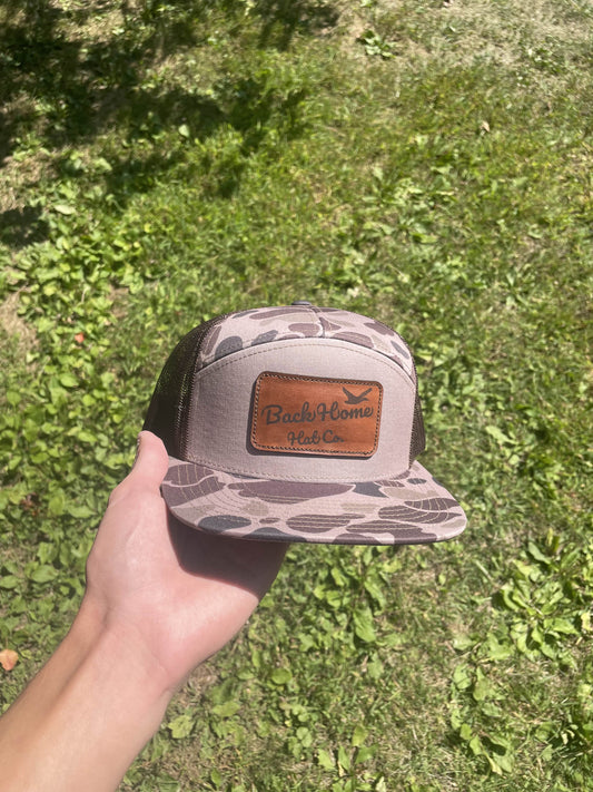 Bark Duck Camo - Back Home Hat Co. Leather Patched 7 Panel Snapback Flat Bill Hat