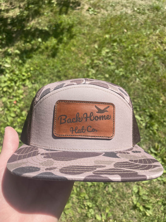 Bark Duck Camo - Back Home Hat Co. Leather Patched 7 Panel Snapback Flat Bill Hat