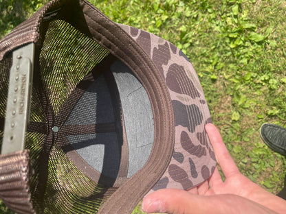 Bark Duck Camo - Back Home Hat Co. Leather Patched 7 Panel Snapback Flat Bill Hat